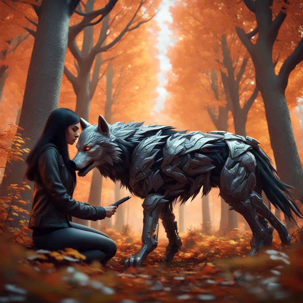 Girl and Cyber Wolf in Autumn Forest