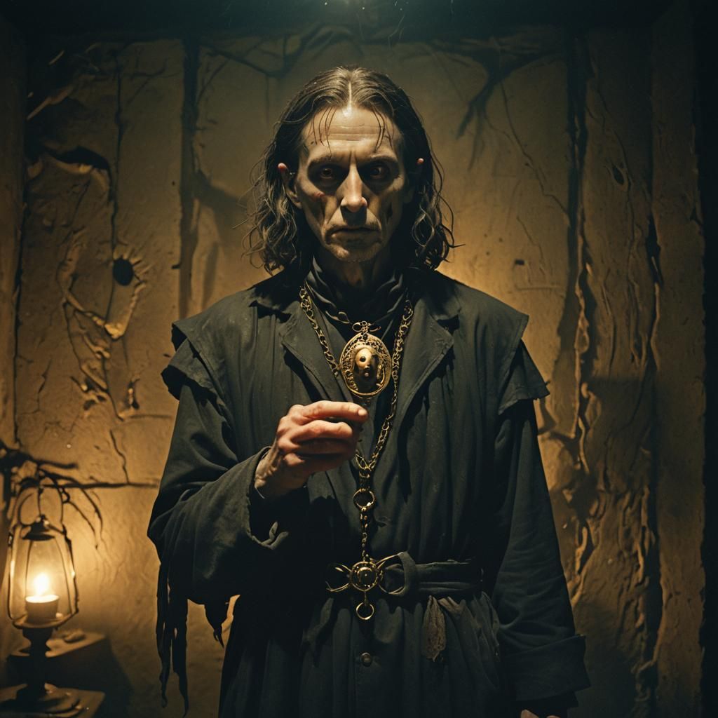 Mysterious Figure with Cursed Amulet in Dark Chamber