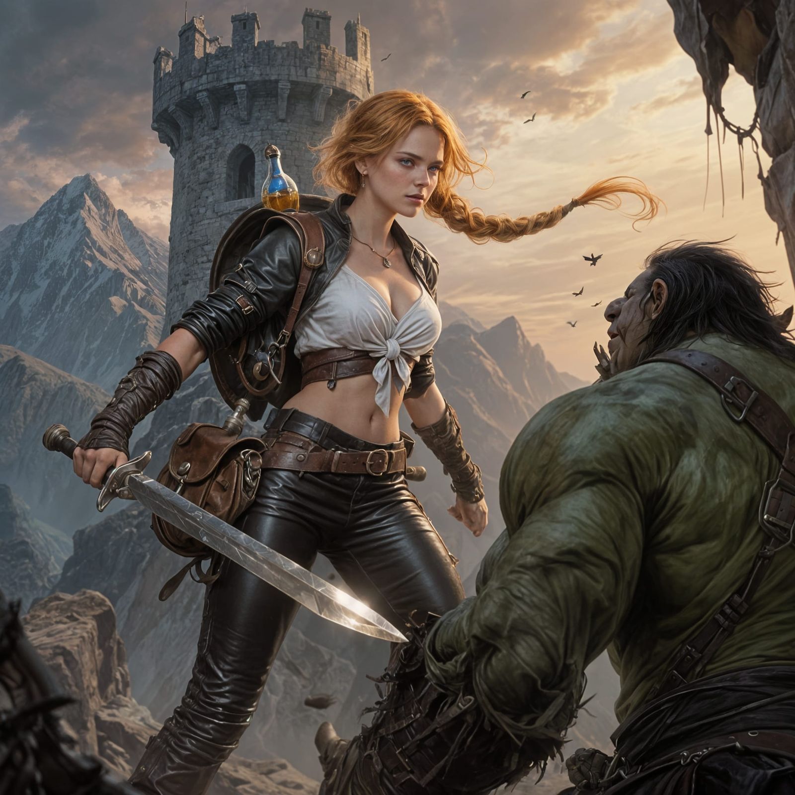 Fantasy Adventuress Stabbing Orc in Watchtower