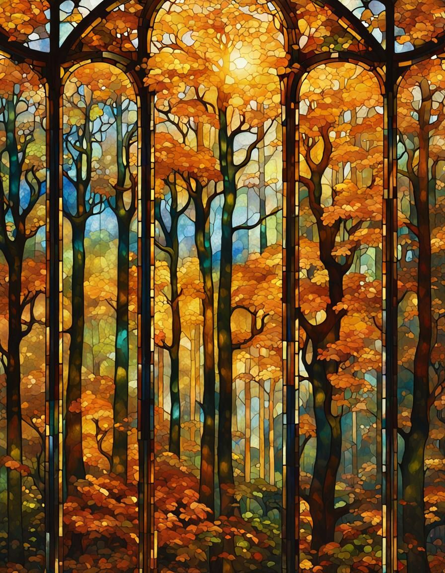 Art Nouveau Stained Glass Autumn Forest