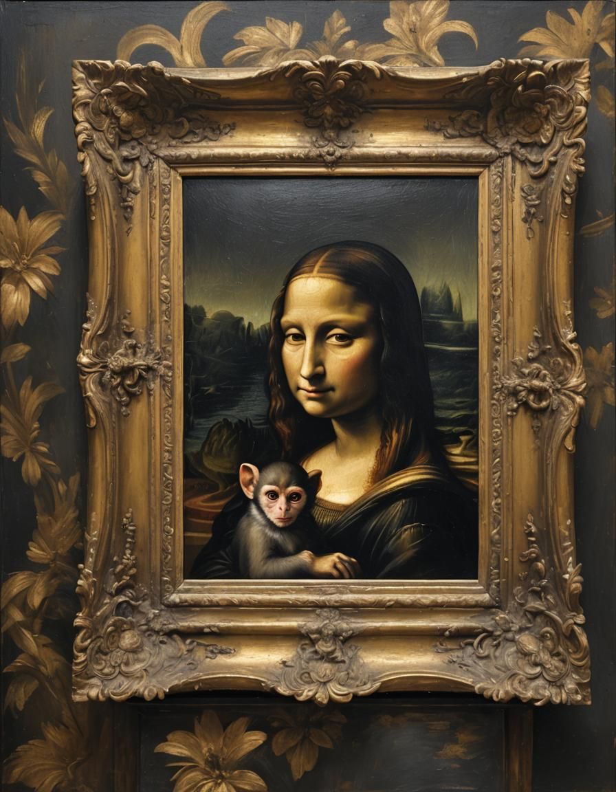 Mona Lisa photobombed by a cheeky monkey.