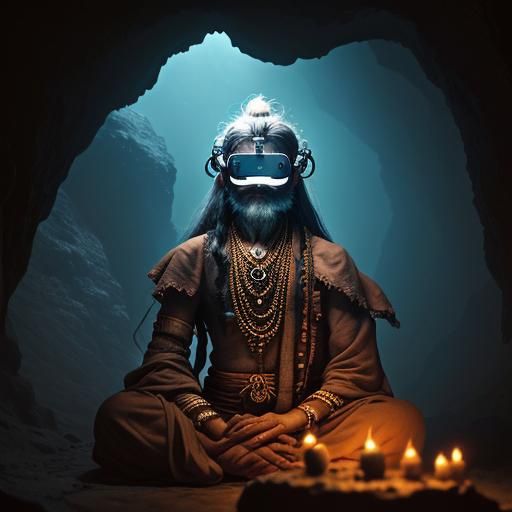 Hyperrealistic Sadhu Yogini Immersed in Virtual Reality