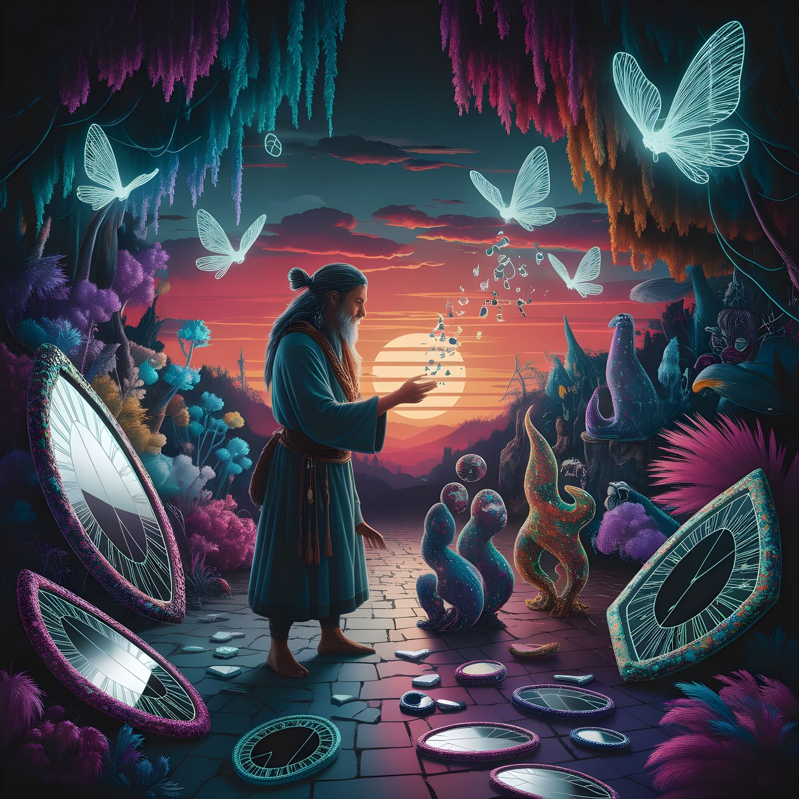 Mystical Shaman in Bioluminescent Music Labyrinth