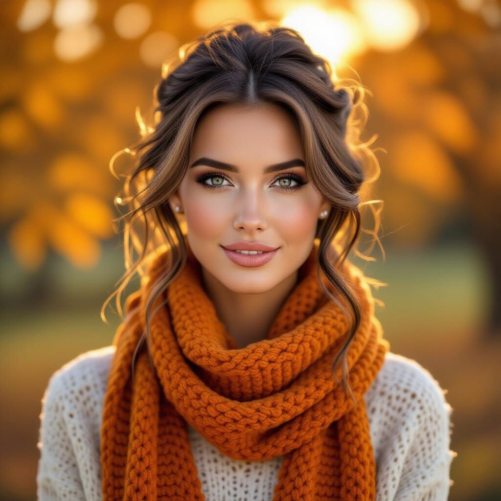 Woman With Autumn Leaves And Crocheted Scarf