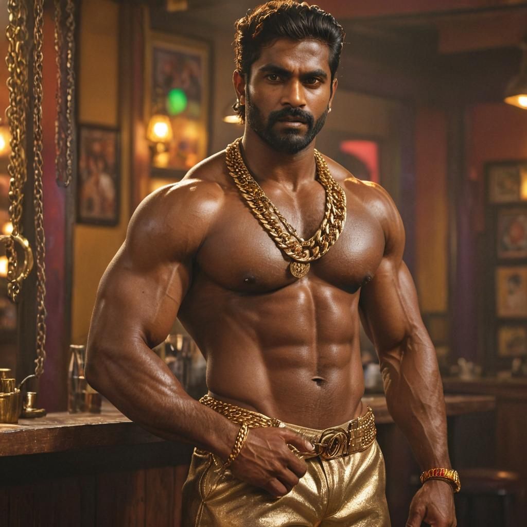 Hyperrealistic South Indian Man in Bar, Golden Hour