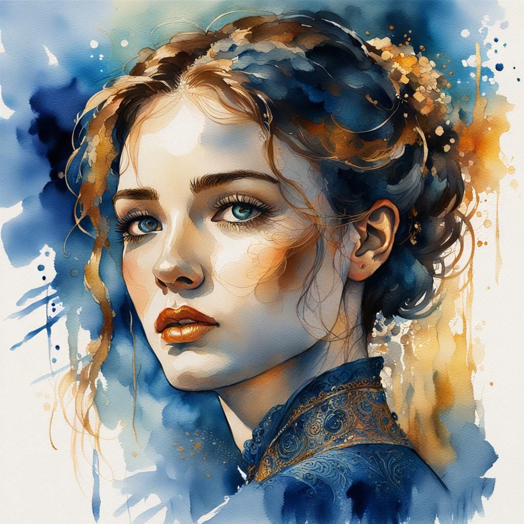 Victorian Girl Portrait in Watercolor and Ink