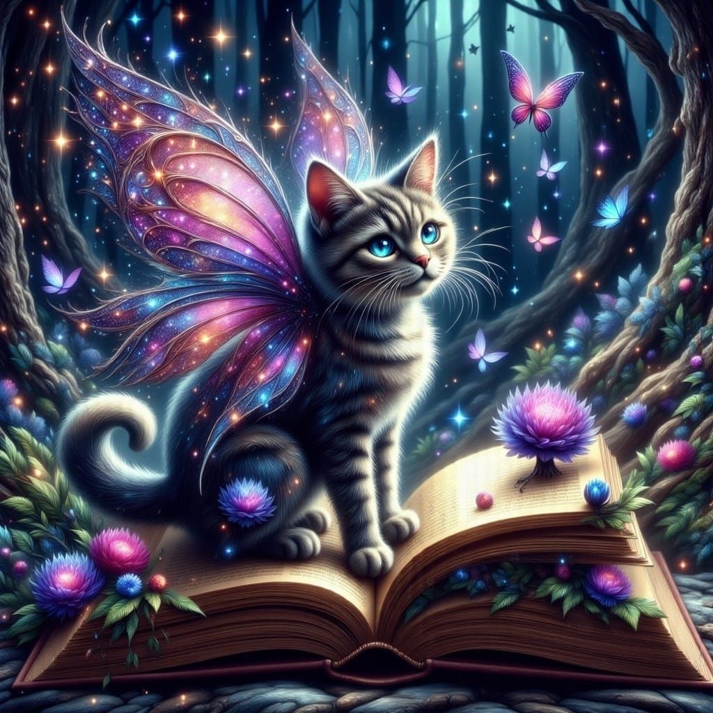 Whimsical Cat Soars Out of a Mystical Book in a Forest