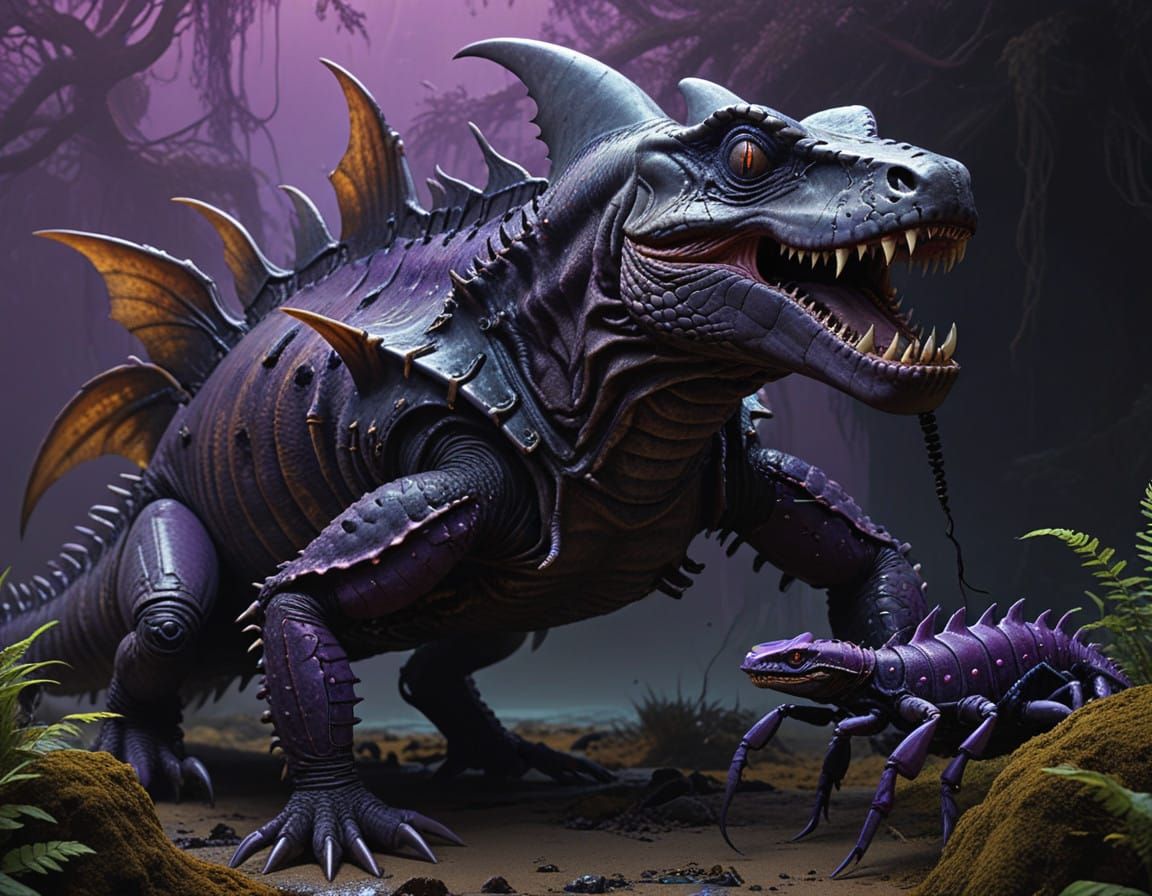 Biomechanical Horror Creatures in a Dark Fantasy Scene