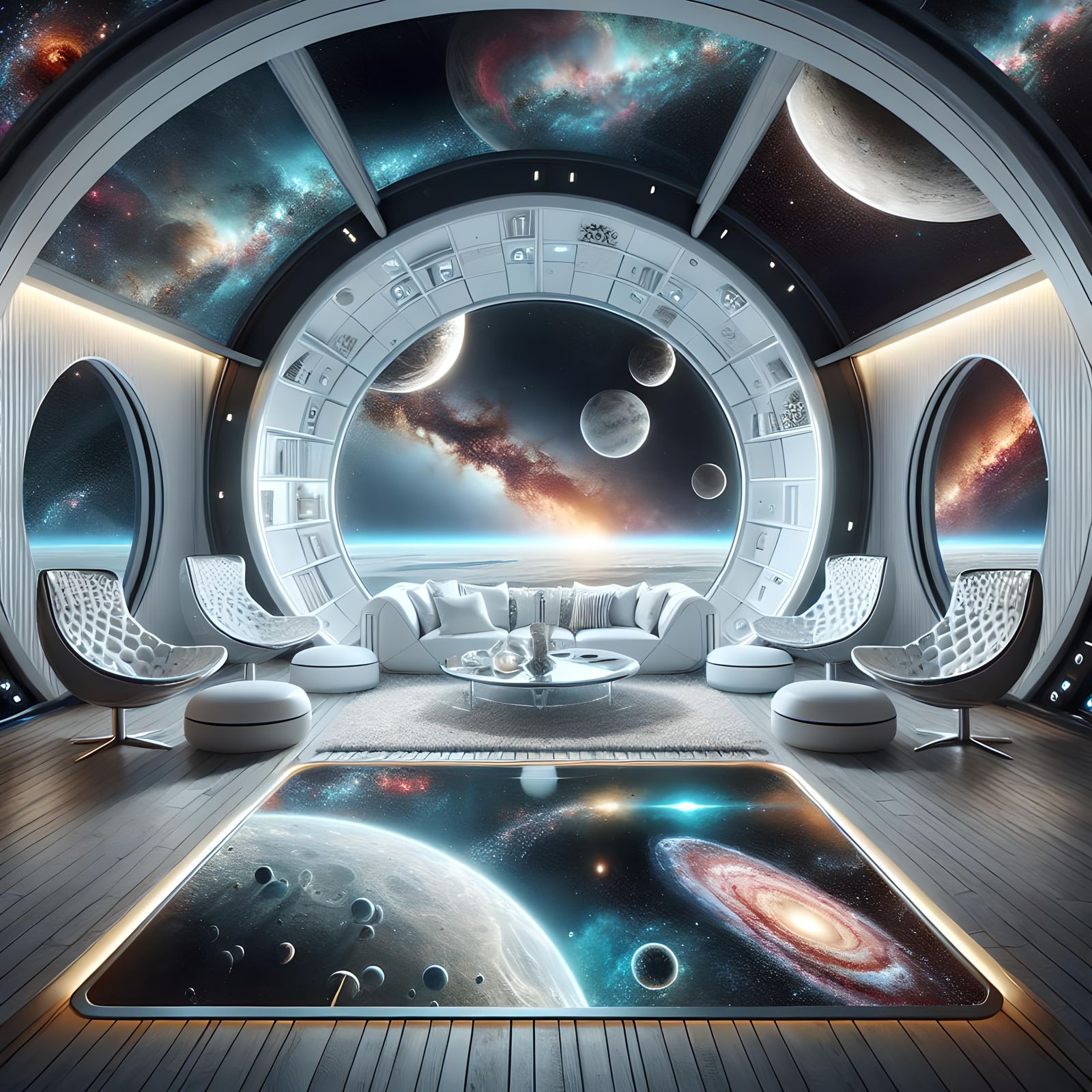 Futuristic Space Pod Living Room with Planetary View