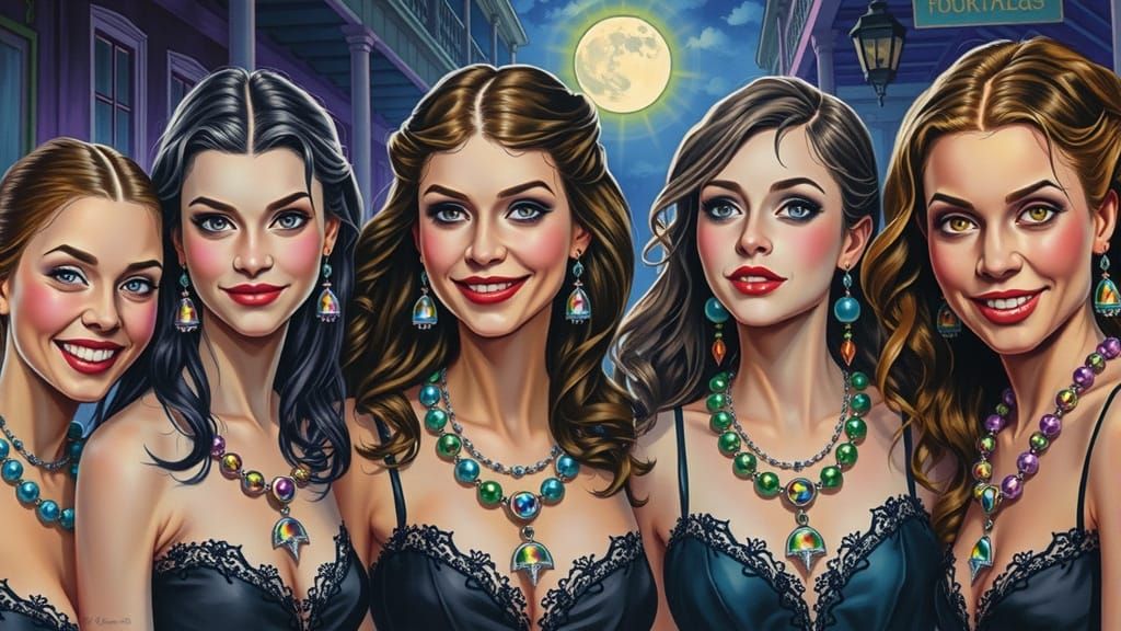 Goth Ladies in Mardi Gras Beads on Bourbon Street