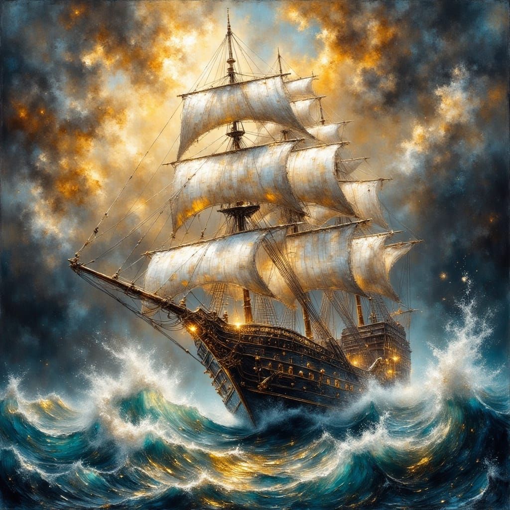 Pirate Ship in Stormy Seas, Baroque Style