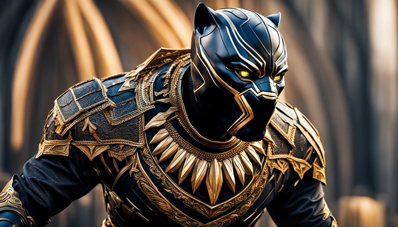 Armored Black Panther in Gold and Black: Hyperrealistic