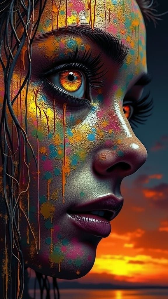 Vibrant Portrait in Dripping Paint Style