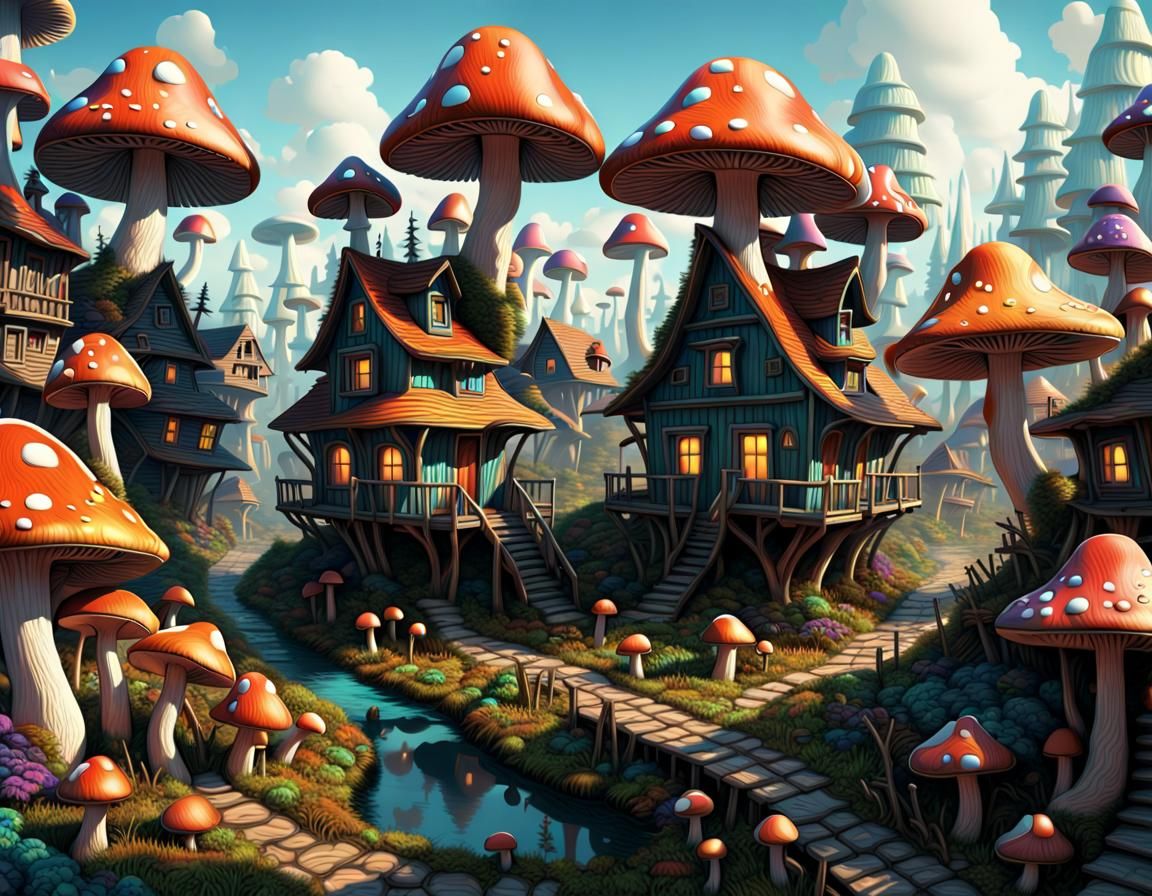 Psychedelic Mushroom Village in 3D Render