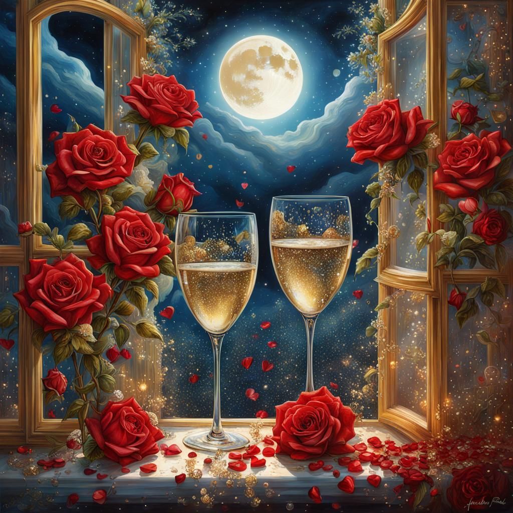 Valentine's Day a heart of red roses with glitter + open window + moon + gold stars + champagne + 2 glasses with bubbly ...