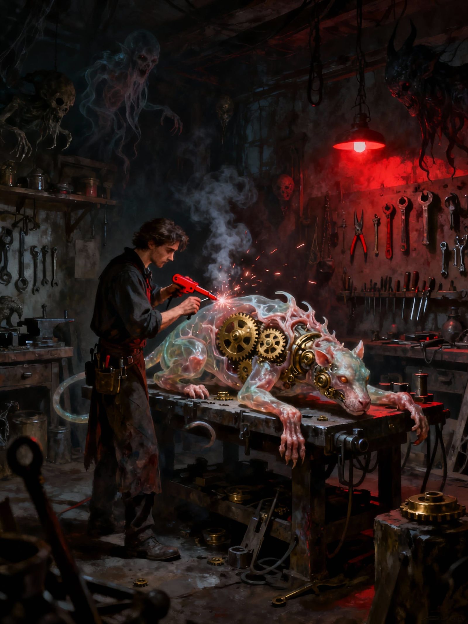 Nightmare Mechanic Repairs Dream Beast in Gothic Workshop