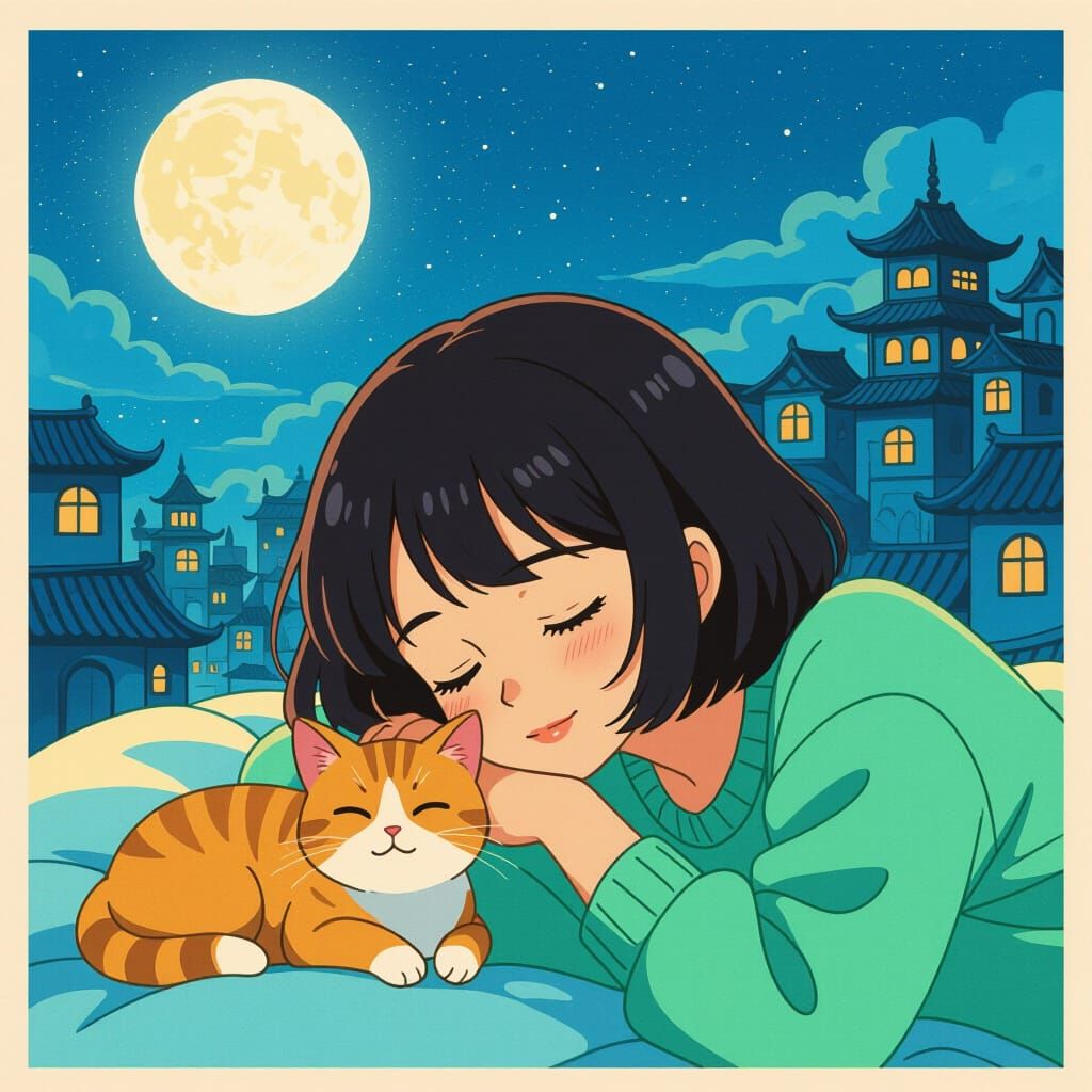 Dreamy Anime Girl and Cat in Moonlit Cityscape
