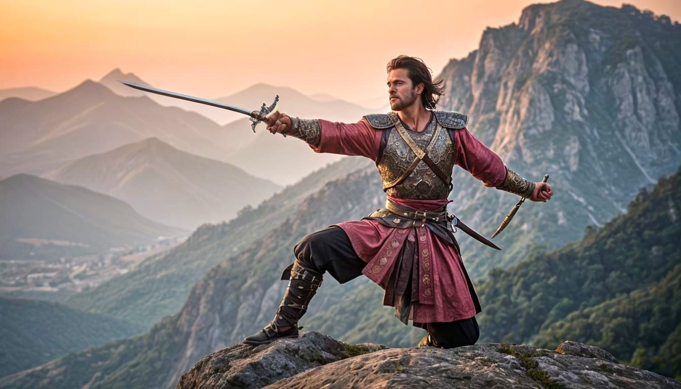 Swordfighter in Dashing Attire, Surrounded by Majestic Mount...