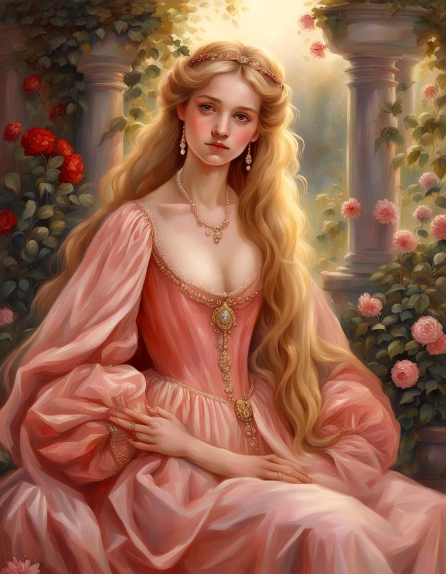 Renaissance Girl in Red Gown with Golden Hair