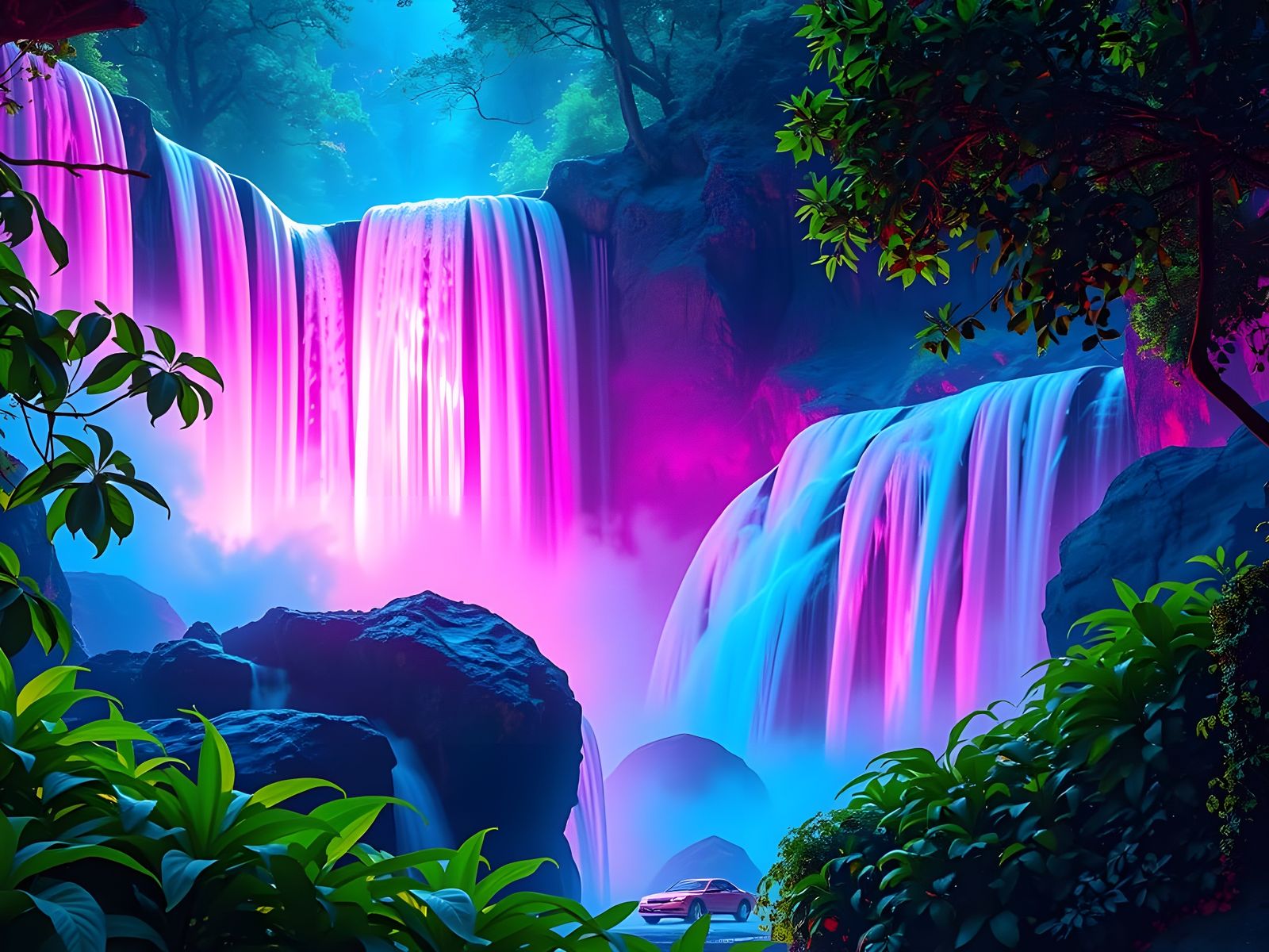 waterfall delight neon art, uv art, blacklight art