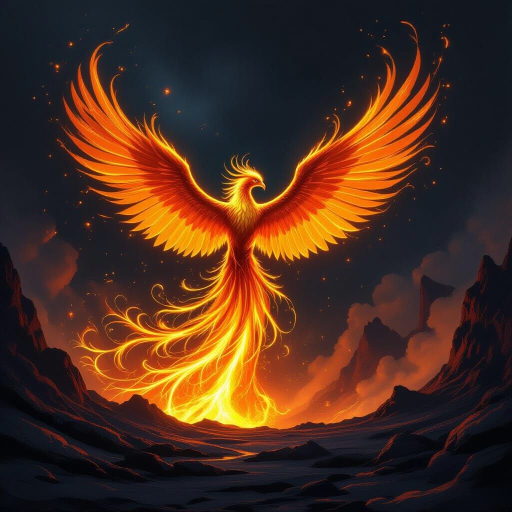 Majestic Phoenix Erupts From Volcano in Fiery Fantasy Art