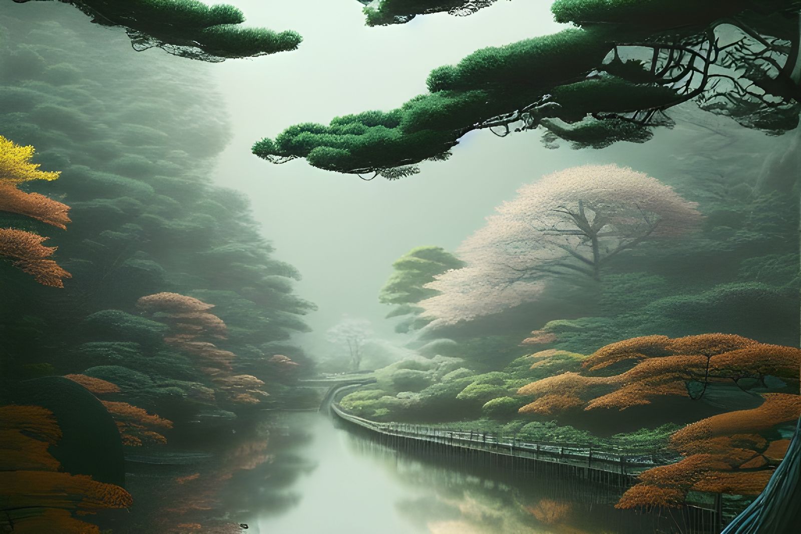 Detailed Japan Forest Landscape in Nihonga Style