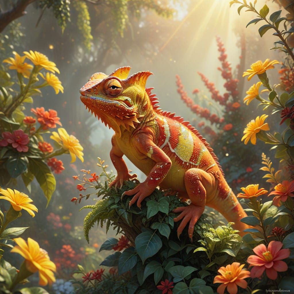 Vibrant Chameleon in a Sunny Fantasy Garden
