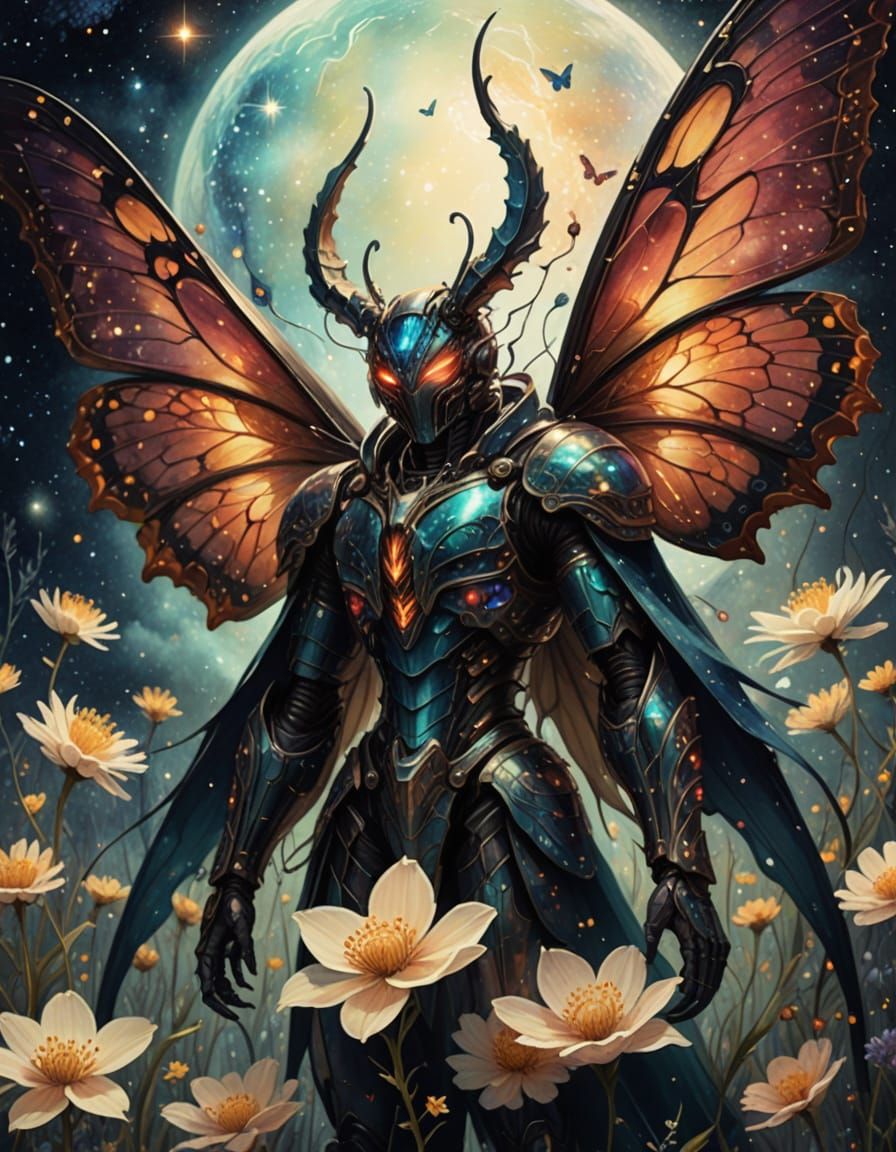Celestial Butterfly over Bioluminescent Meadow: Cosmic Paint...