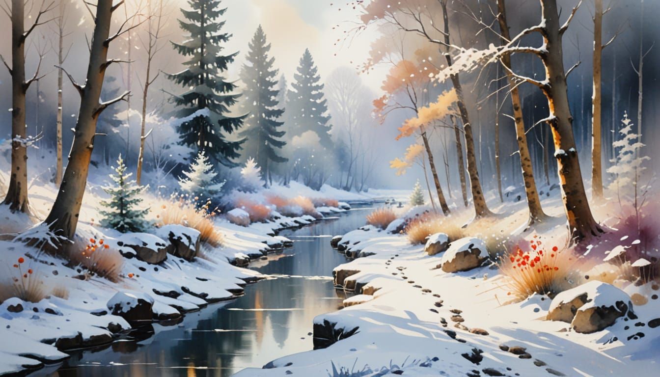Winter Lake Scene in Watercolor Style