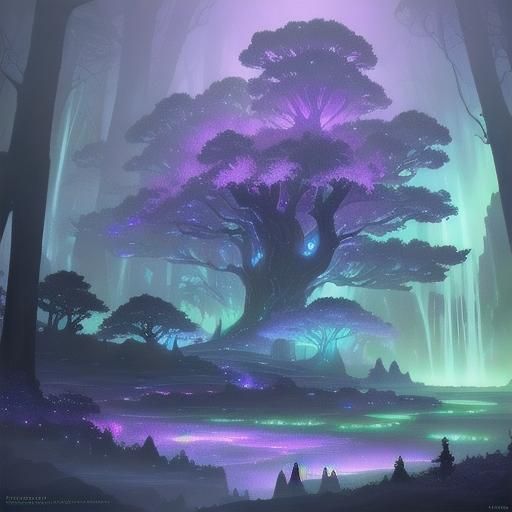 Alien Landscape with Bioluminescent Trees in Digital Art
