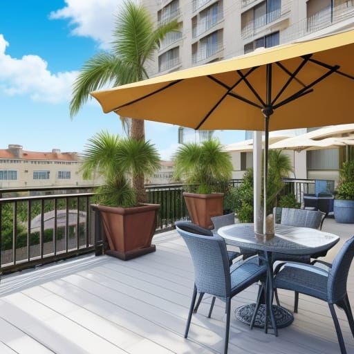 Sunny Hotel Terrace Scene with Unconventional Fashion Choice