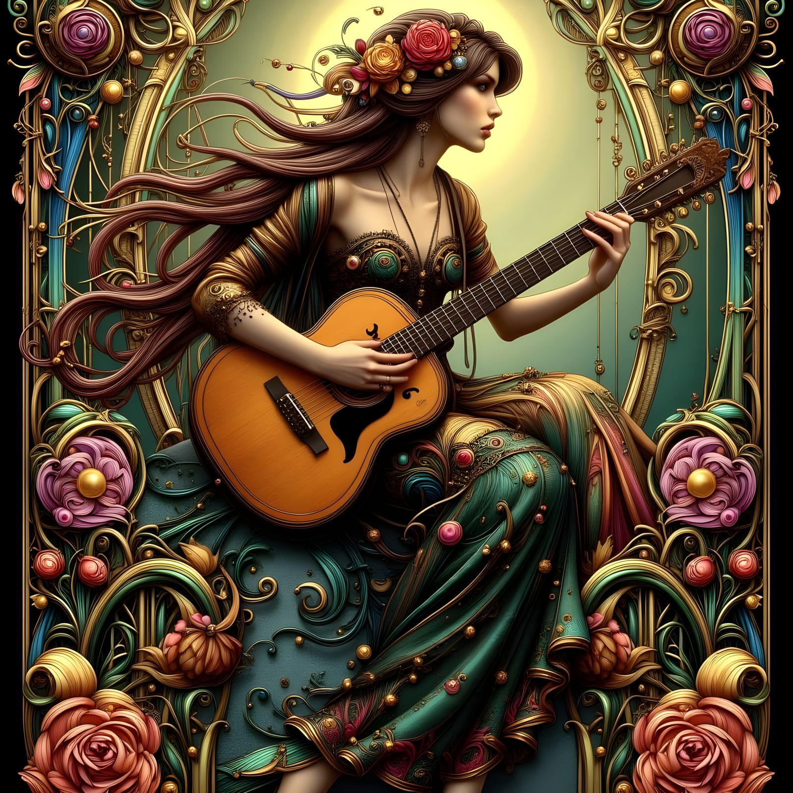 Woman Playing Guitar in Enchanted Forest, Klimt Style
