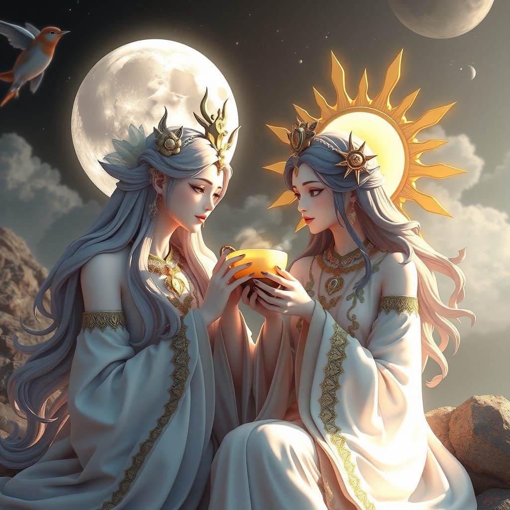 Divine Goddesses Share a Soothing Moment in a Cyberpunk Aest...