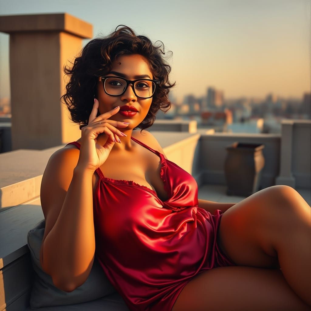 Curvy Woman in Red Nighty, Oil Painting Style