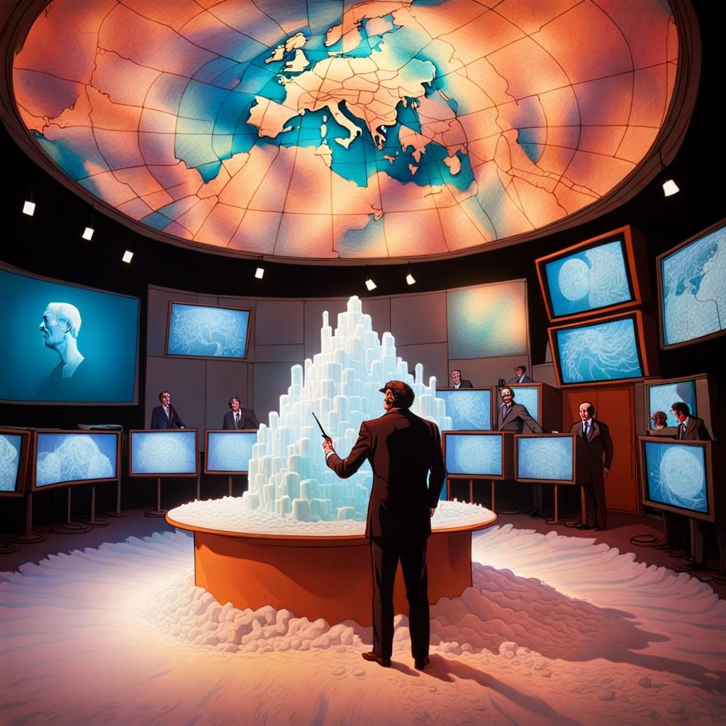 Man made of ice; Retro 1970s uk telethon; tv studio overhead lights with diffused hazy aura;  psychedelic weatherman ren...