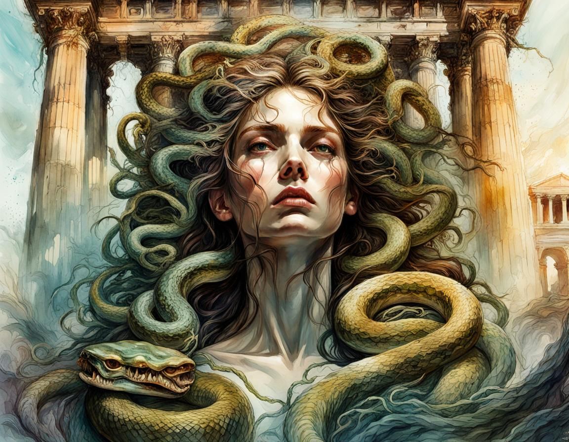 Macabre Cronenberg Medusa in Greek Temple Art