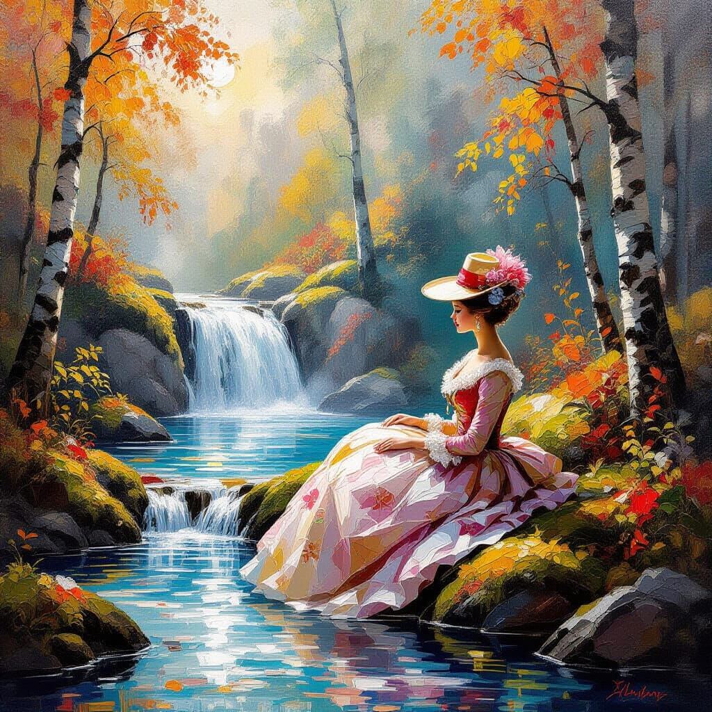 18th Century Fashionista At Misty Autumn Waterfall