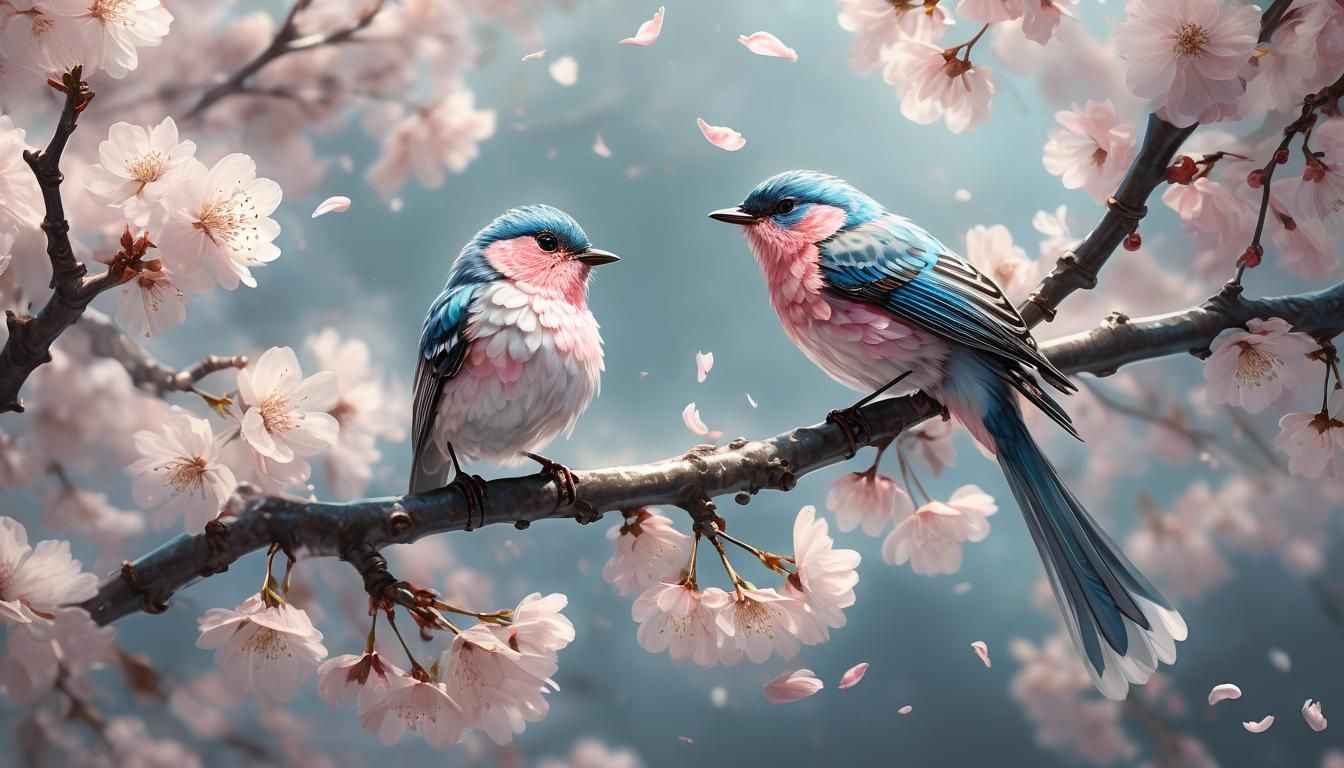 Reflective Cherry Blossom Songbird in Ethereal Light