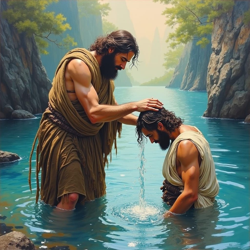 John Baptizing Jesus in Impressionist Gouache and Watercolor