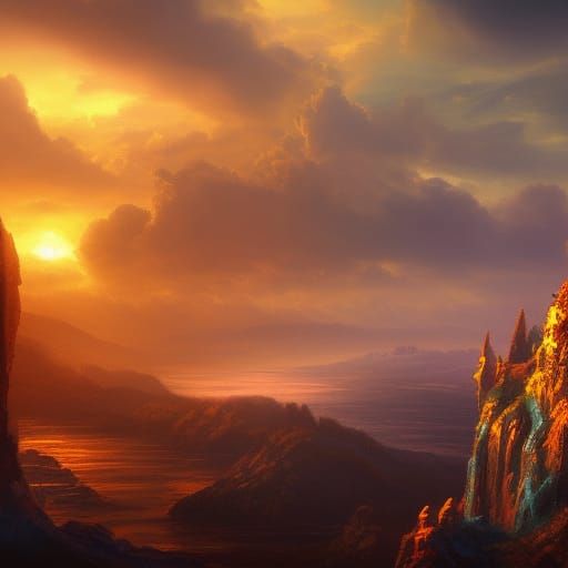 Fantastical Sunset Cliffside Art, Unreal Engine 5
