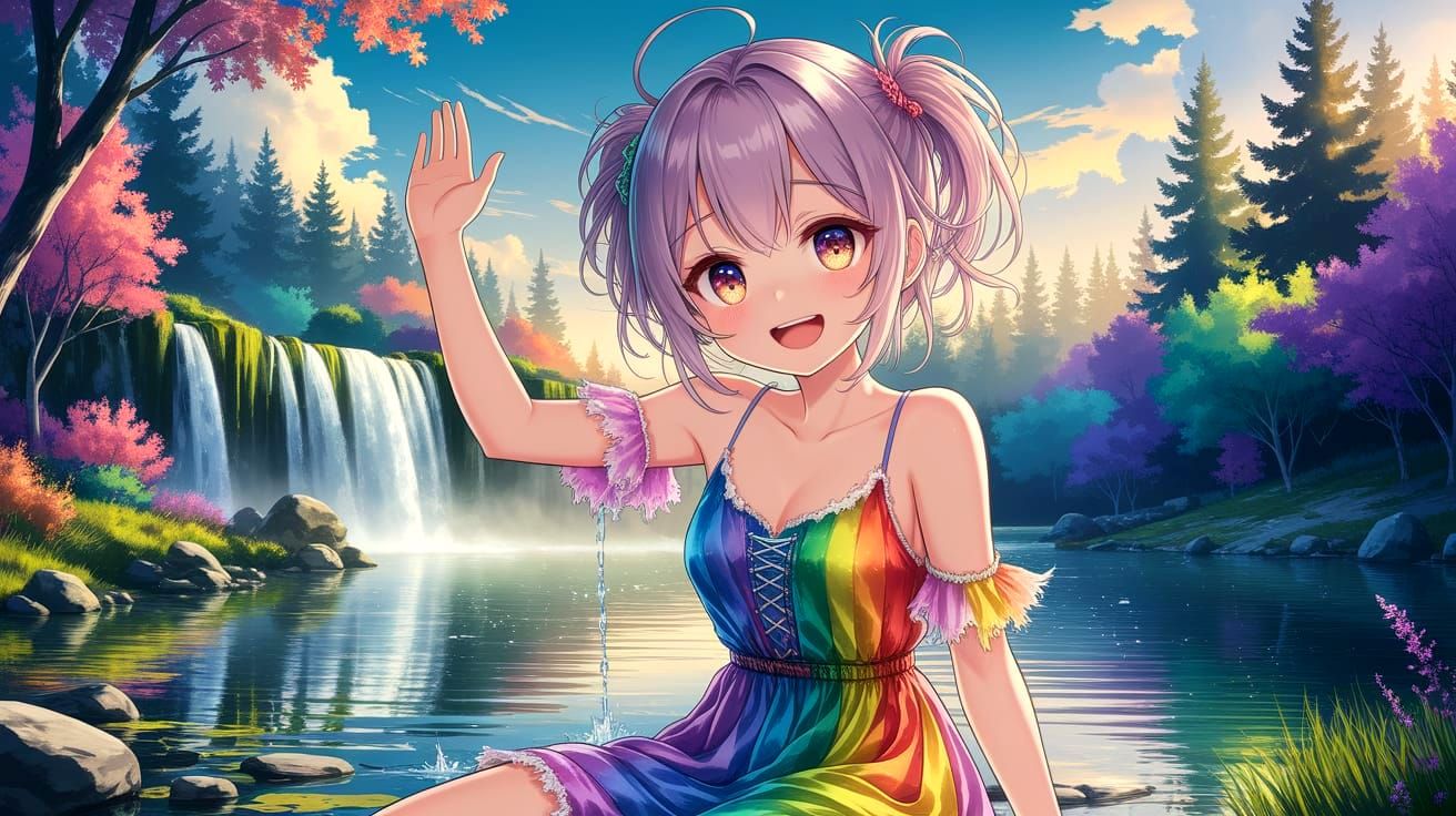 Anime Goddess Greets from Whimsical Waterfall Oasis