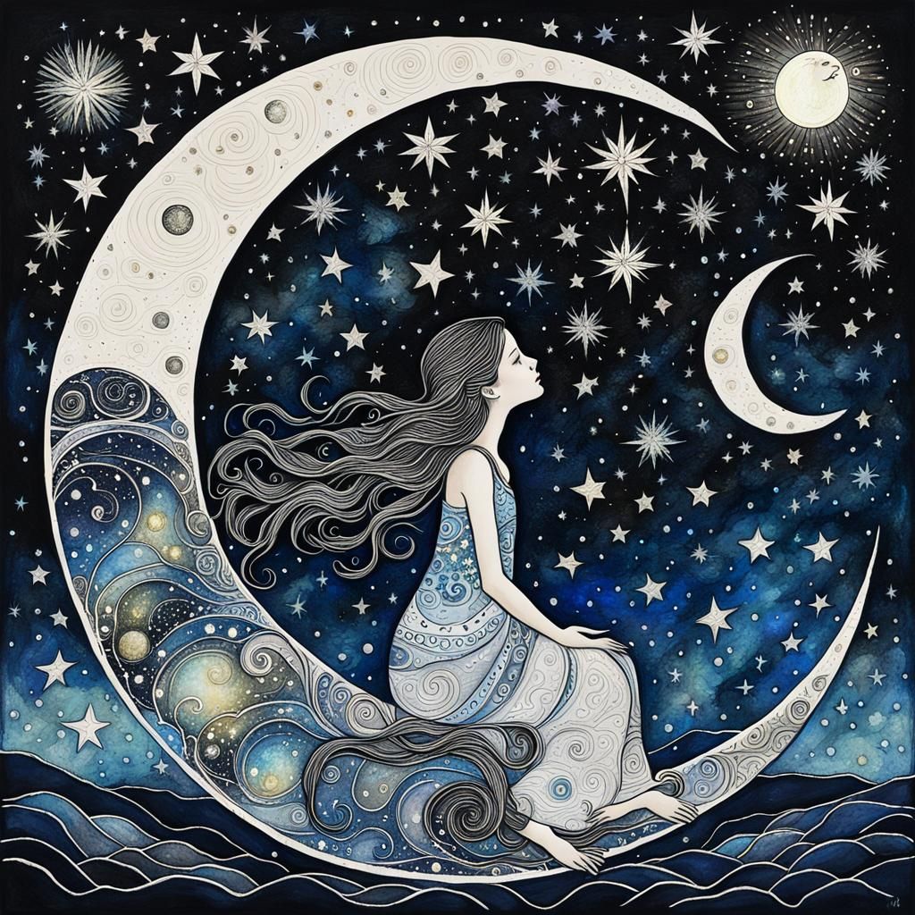 Goddess on Moon in Starry Sky, Linocut Style