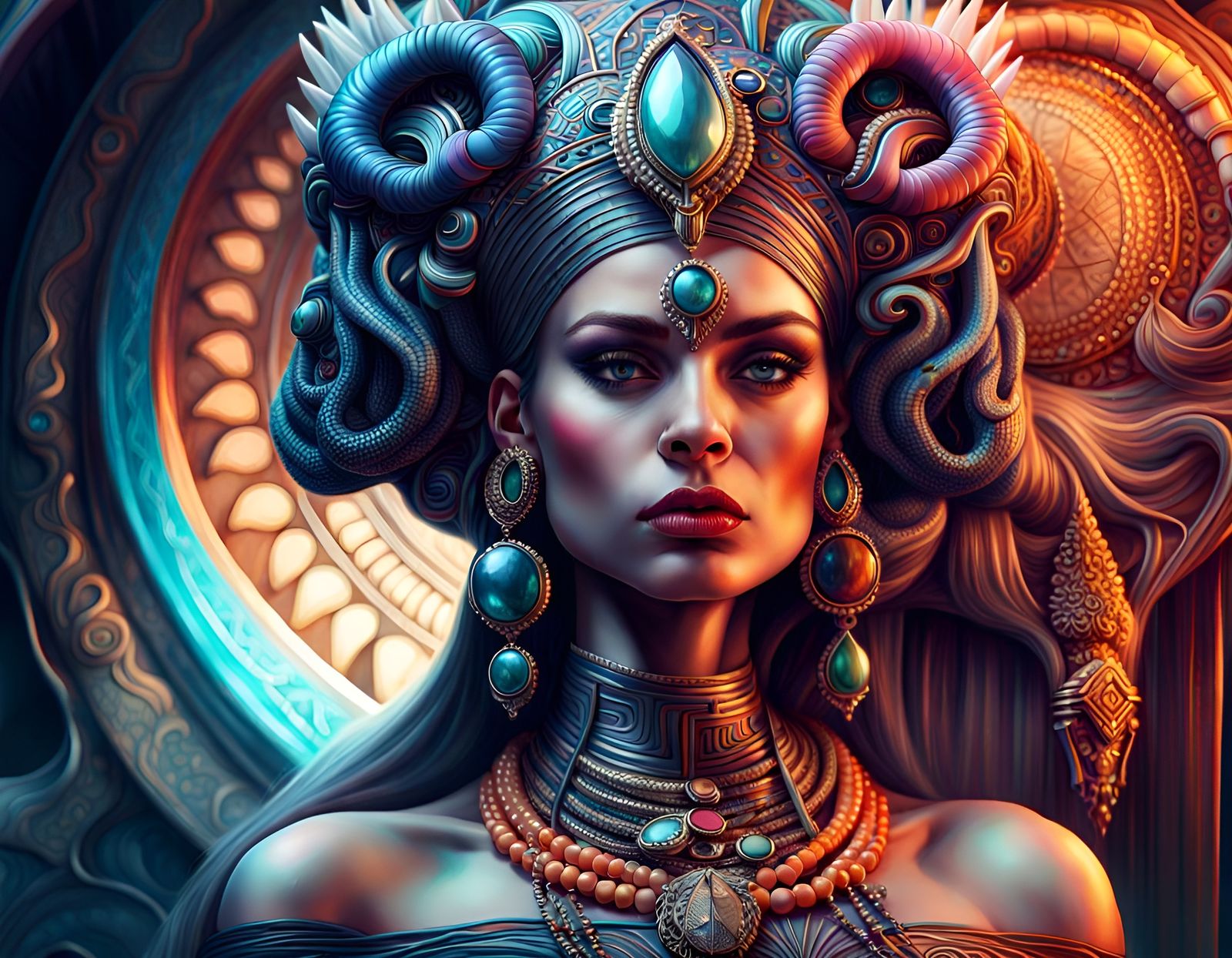 Bejeweled Sumerian Priestess: Vivid Digital Art