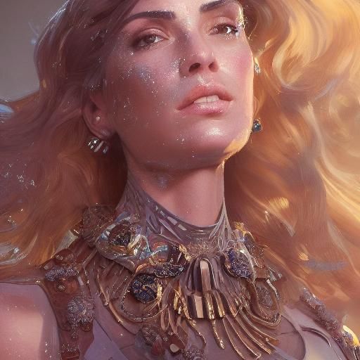 Closeup face. Sitting down. Realistic Artistic vivid Woman Large-chested British woman with crystal armor big chest. hea...