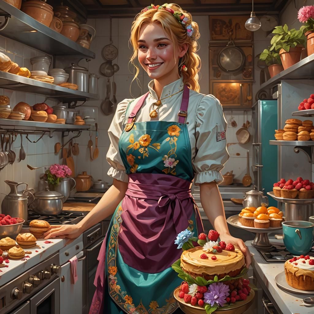 Girl Baker with Raspberry Cake, Art Nouveau Style
