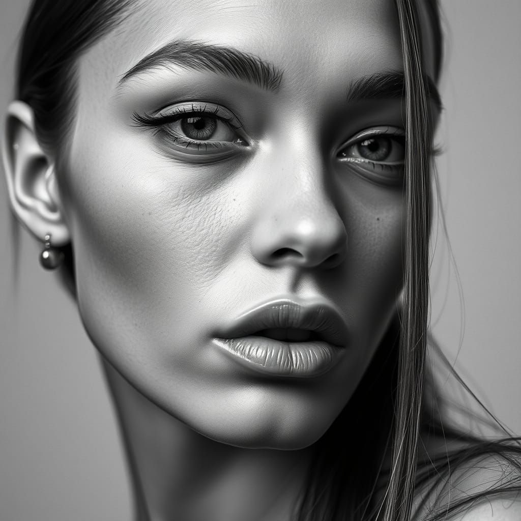 Haute Couture Model in Intense Black and White Close-Up