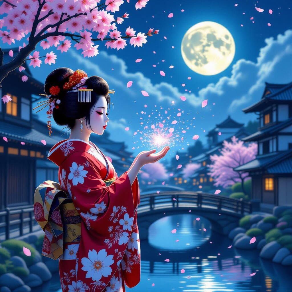 Geisha in Moonlit Village with Cherry Blossoms