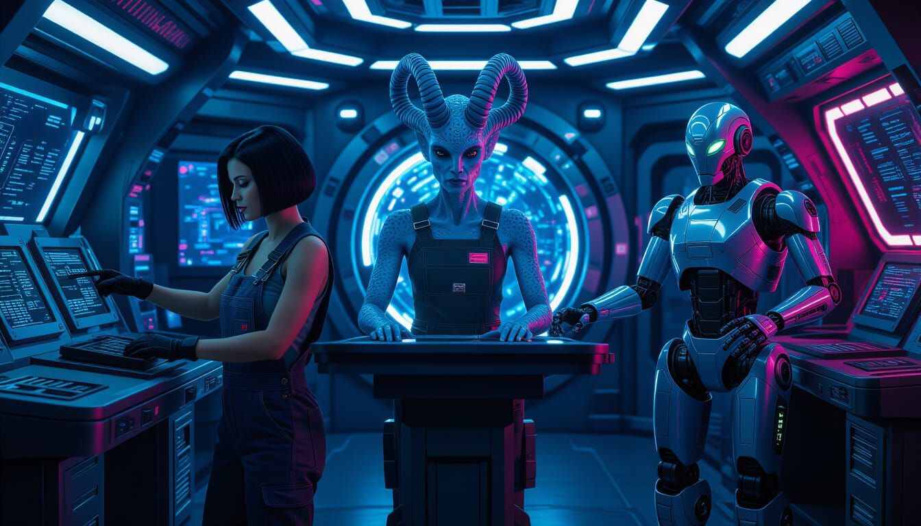 Spaceship Crew: Mechanic, Alien Pilot, Robot on Deck