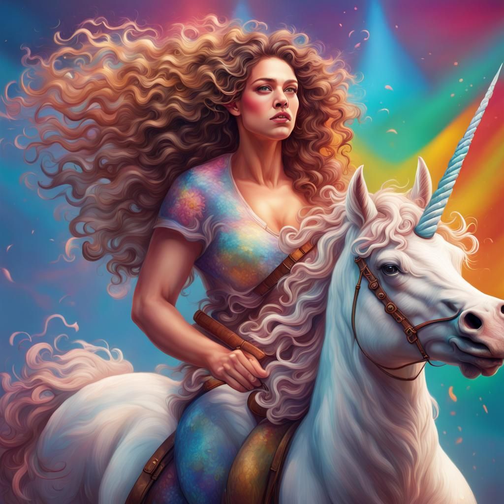 Woman Riding Unicorn in Hyperrealistic Style