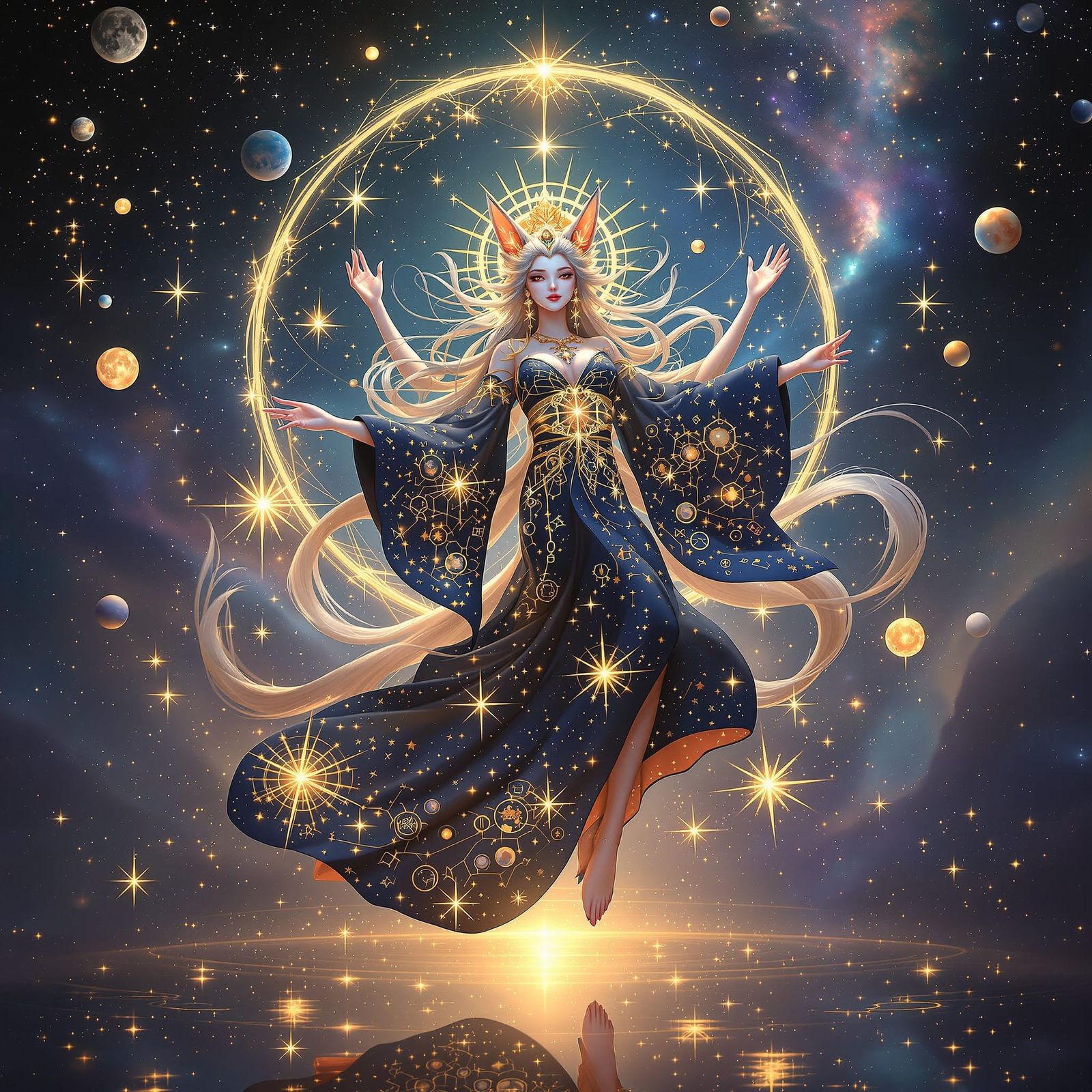Cosmic Kitsune Goddess in Celestial Realm